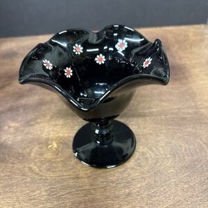 Vintage Imperial Glass Co. black glass "Cosmos" daisy pattern compote